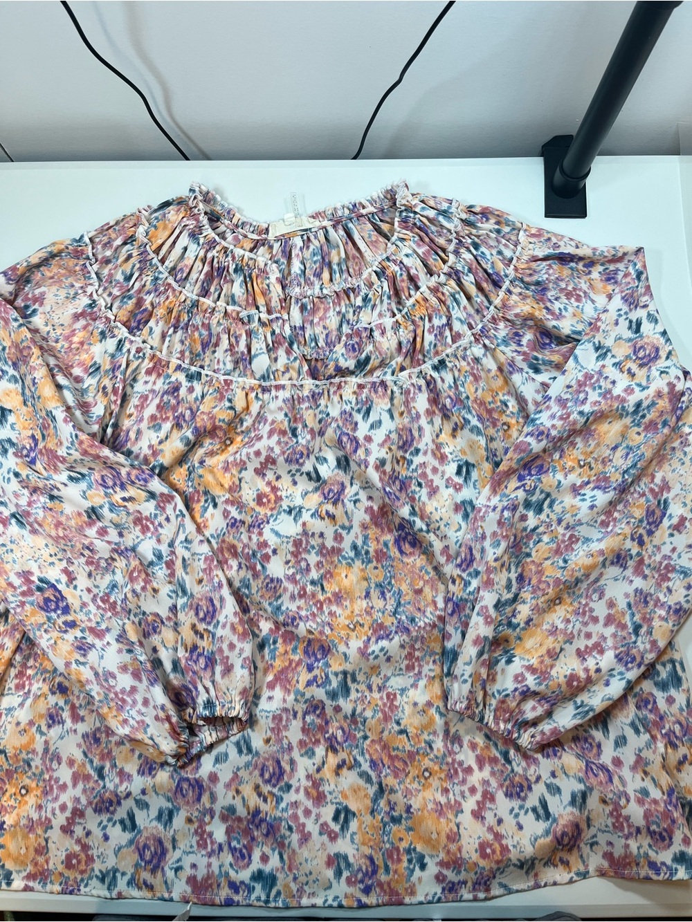 entro Floral Smocked Yoke Blouse - White, Purple, Yellow